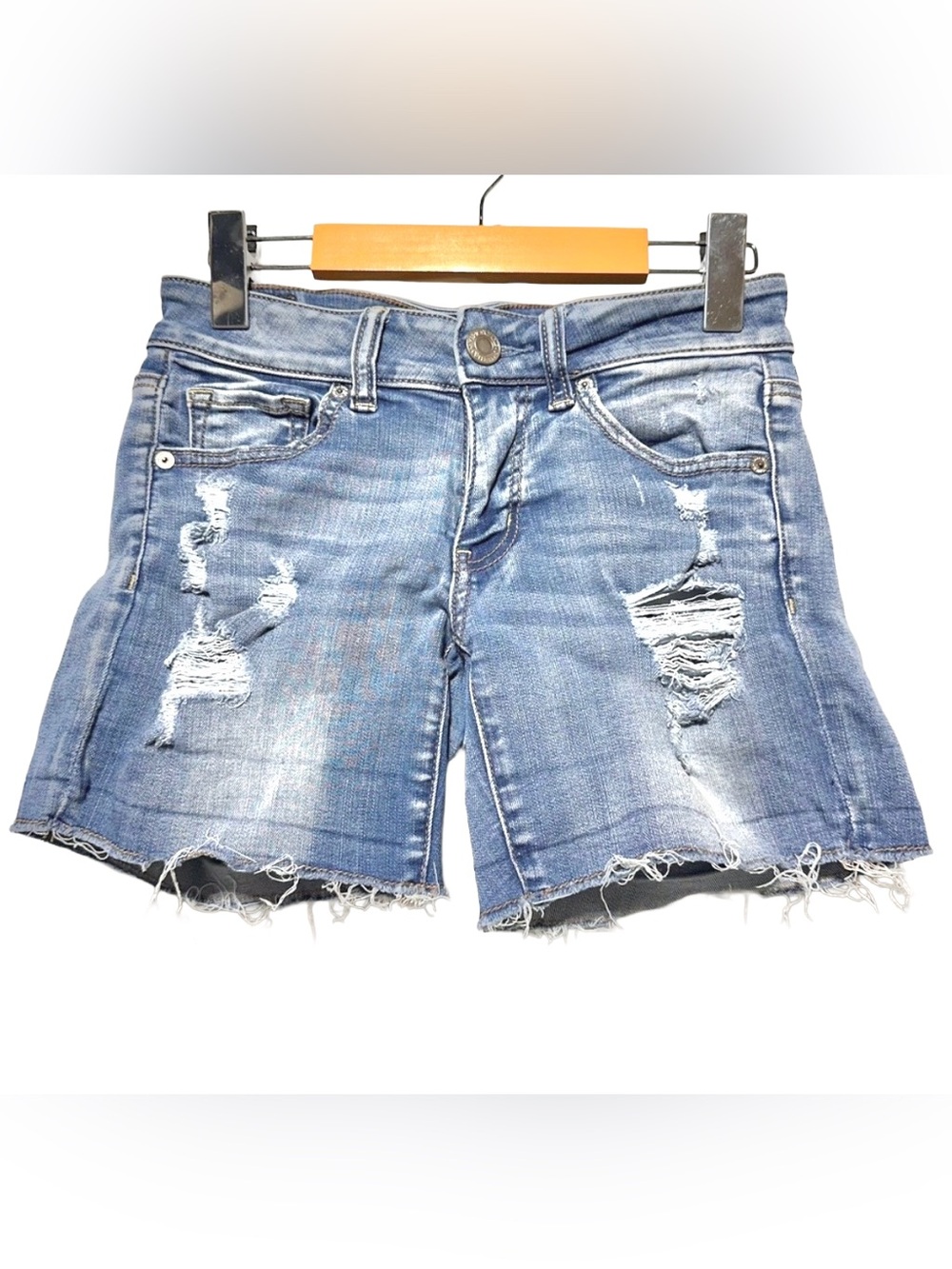 AMERICAN EAGLE Midi Super Stretch Ripped Distressed Cutoff Denim Shorts
